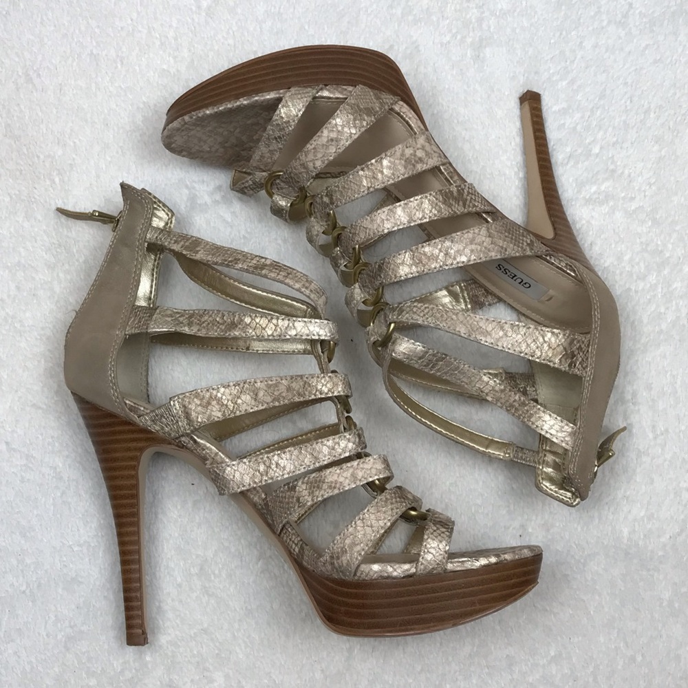 GUESS Gold Animal Print Gladiator Platform Heels 9